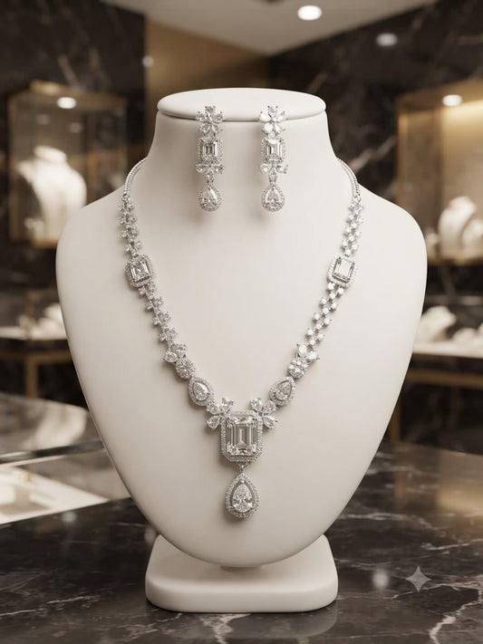 Art Deco Pendant Necklace Set with Rhodium Finish and Cubic Zirconia Drop Earrings