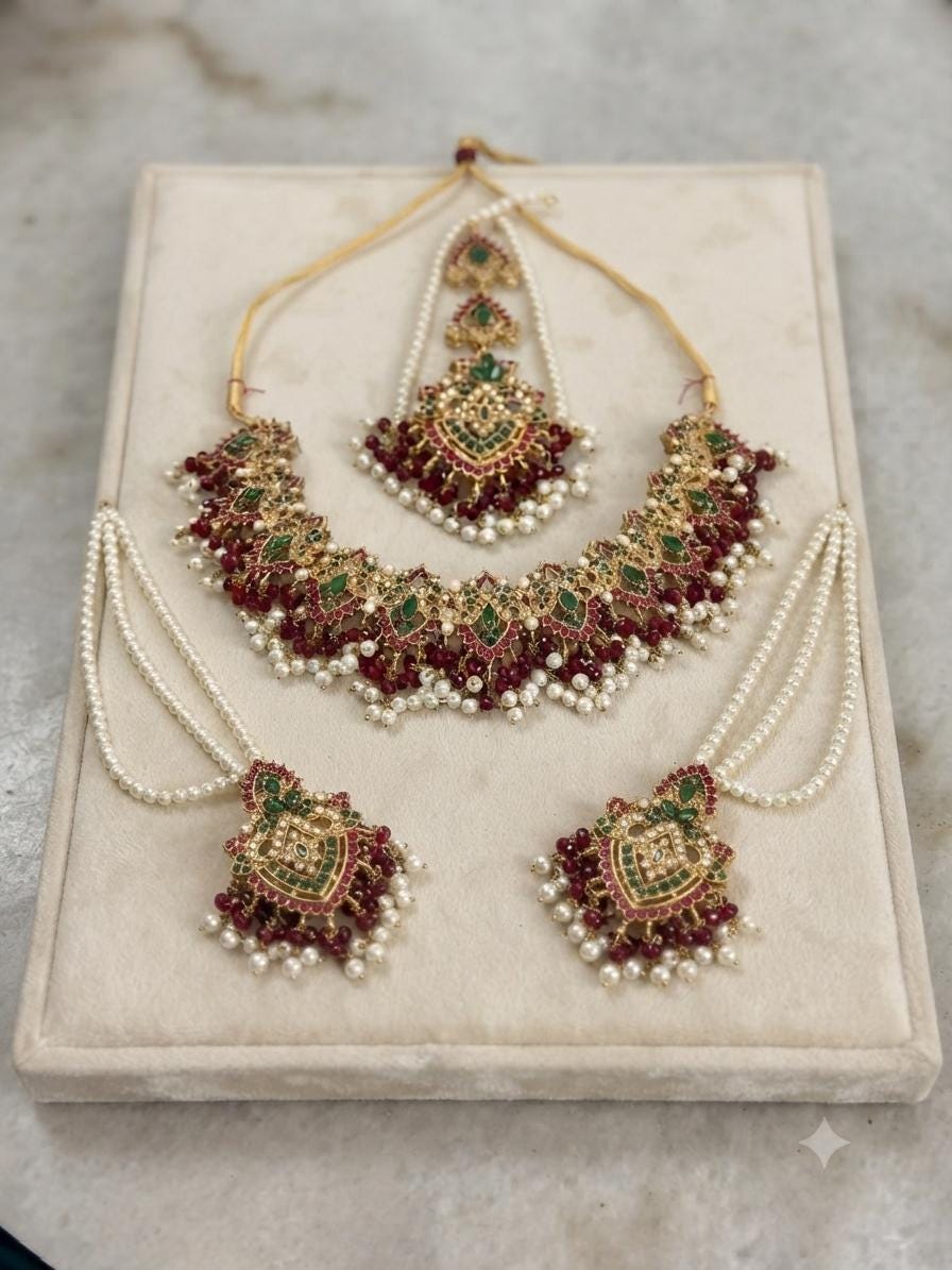 Exquisite Ruby and emerald Necklace Set with Earrings - Traditional Indian Bridal Jewelry