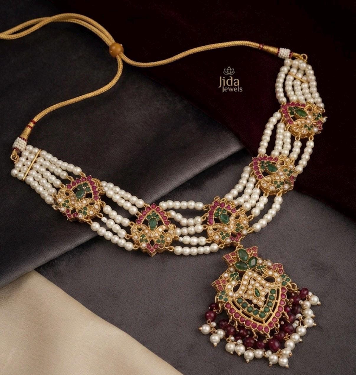 Exquisite Ruby and emerald green semi precious pearl Necklace - Traditional Indian Pakistan Bridal Jewelry gold plated