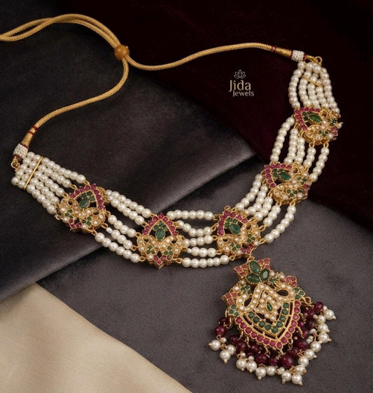 Exquisite Ruby and emerald green semi precious pearl Necklace - Traditional Indian Pakistan Bridal Jewelry gold plated