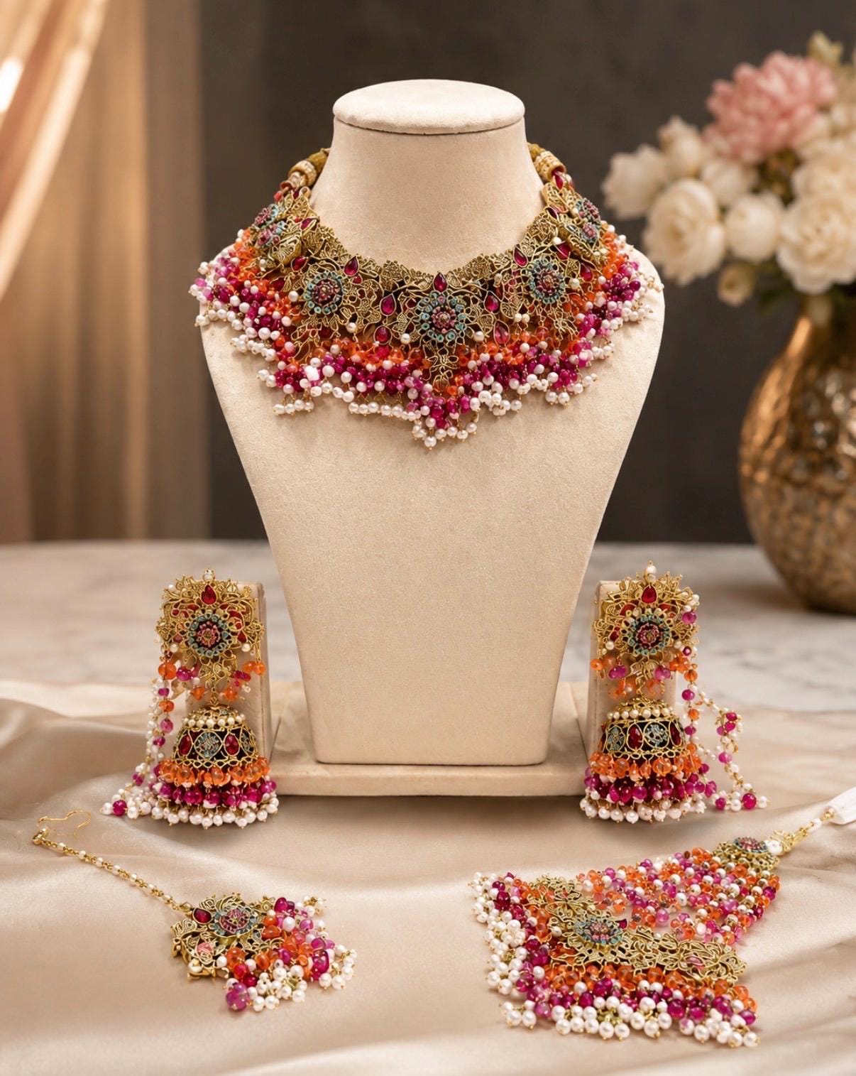 Exquisite hot pink and orange bridal Necklace Set with Earrings bindya and jhoomar - Gold plated traditional Pakistani Bridal Jewelry
