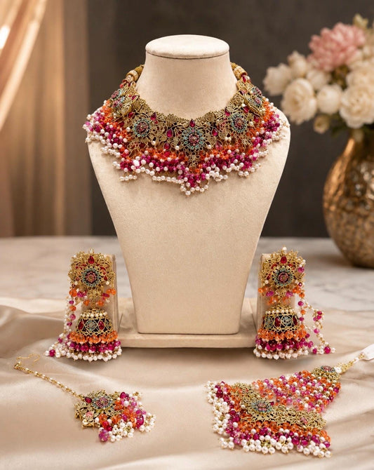 Exquisite hot pink and orange bridal Necklace Set with Earrings bindya and jhoomar - Gold plated traditional Pakistani Bridal Jewelry