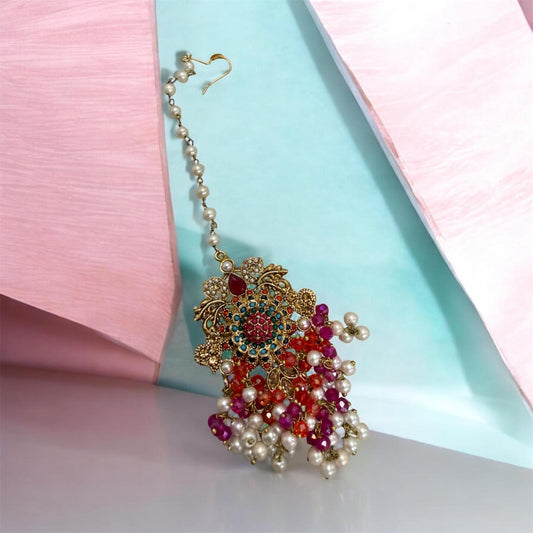 Exquisite hot pink and orange bridal Necklace Set with Earrings bindya and jhoomar - Gold plated traditional Pakistani Bridal Jewelry