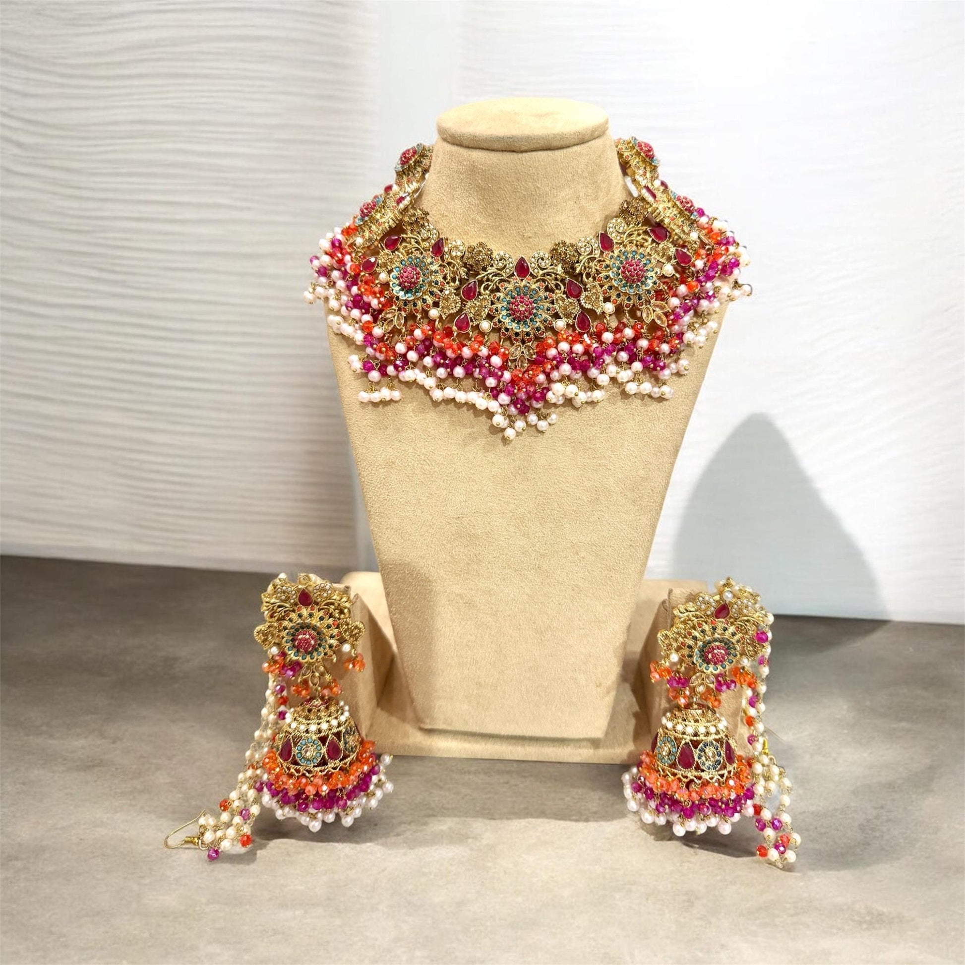 Exquisite hot pink and orange bridal Necklace Set with Earrings bindya and jhoomar - Gold plated traditional Pakistani Bridal Jewelry