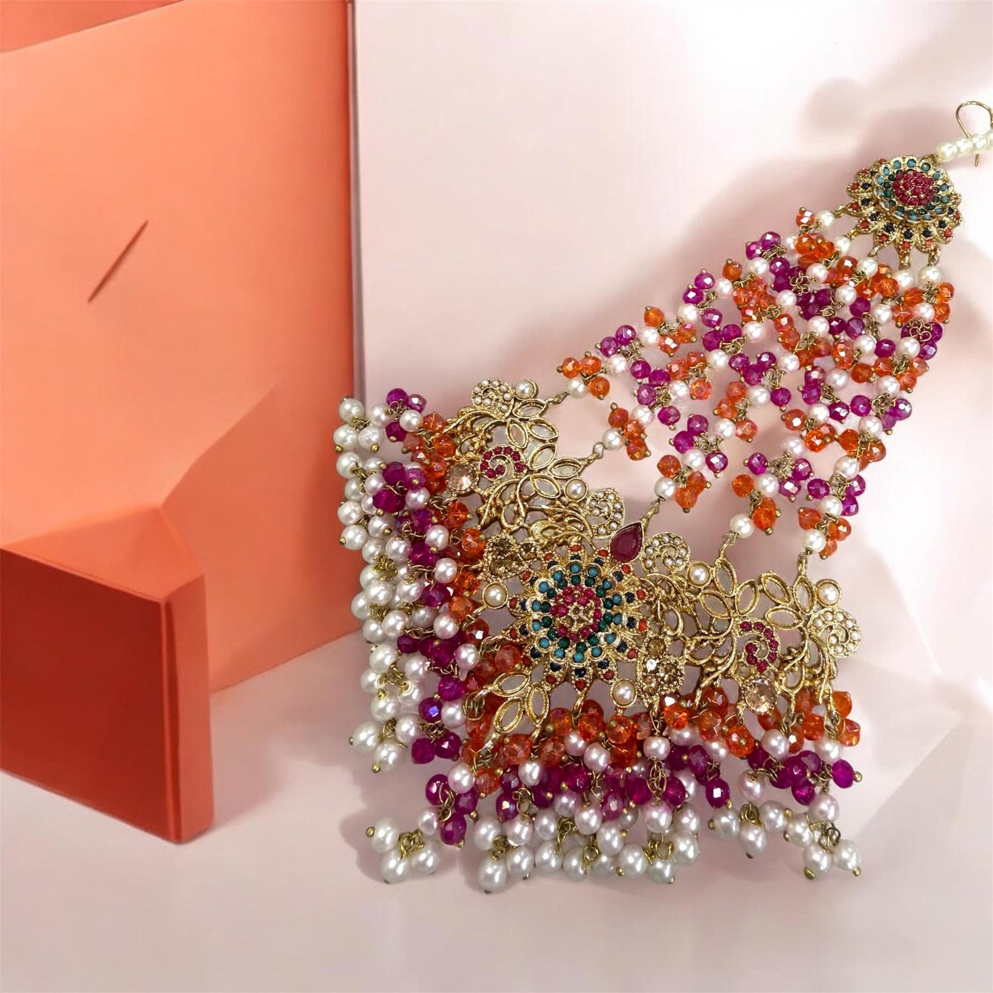 Exquisite hot pink and orange bridal Necklace Set with Earrings bindya and jhoomar - Gold plated traditional Pakistani Bridal Jewelry