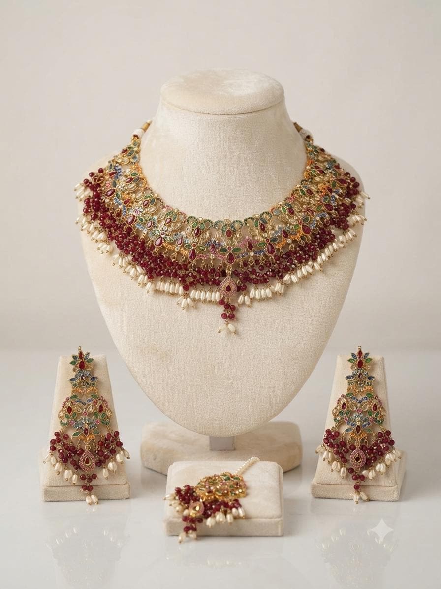 Exquisite Ruby and emerald Necklace Set with Earrings - Gold plated traditional Pakistani /Indian Bridal Jewelry