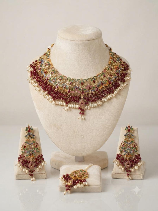 Exquisite Ruby and emerald Necklace Set with Earrings - Gold plated traditional Pakistani /Indian Bridal Jewelry