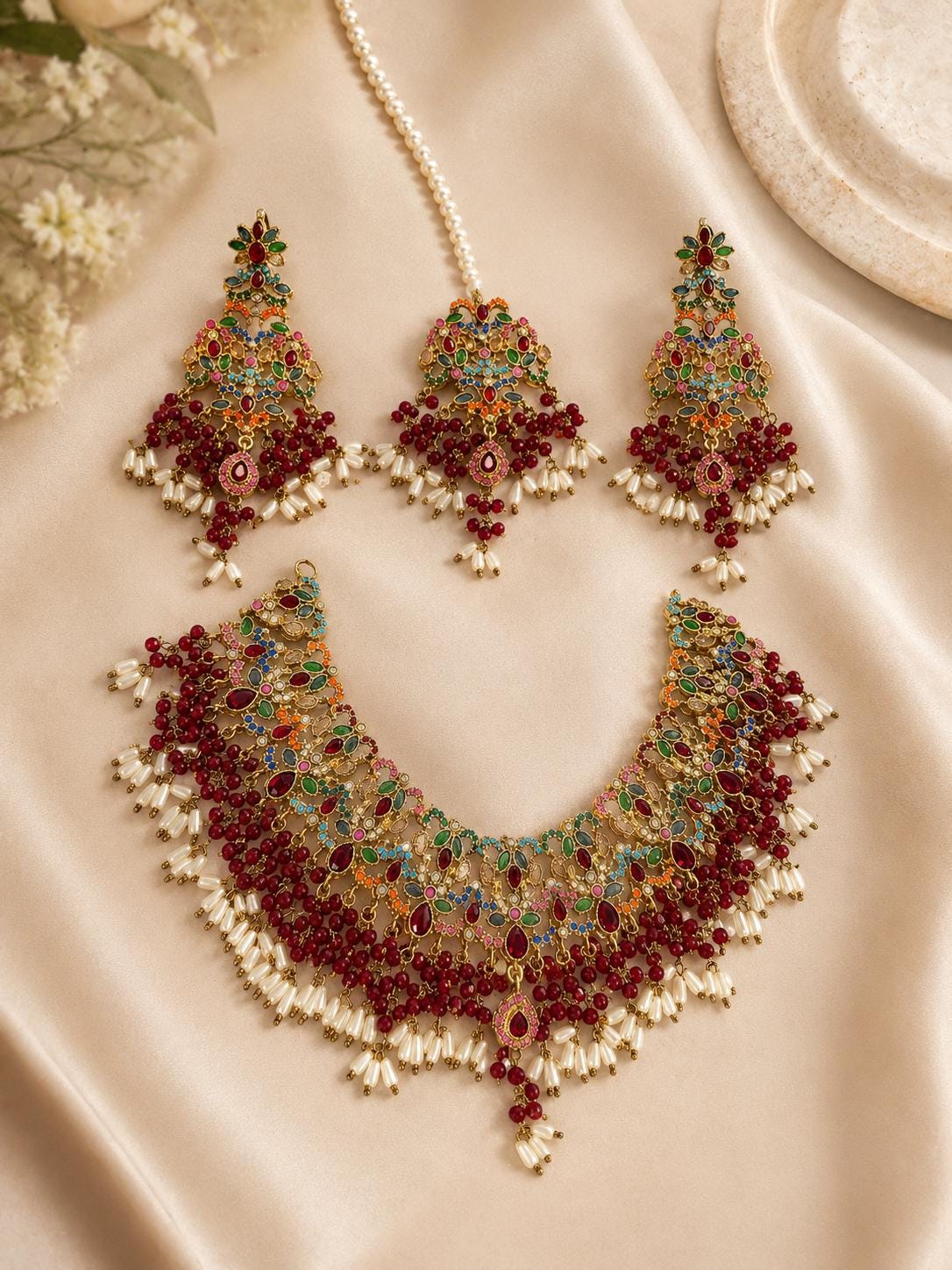 Exquisite Ruby and emerald Necklace Set with Earrings - Gold plated traditional Pakistani /Indian Bridal Jewelry