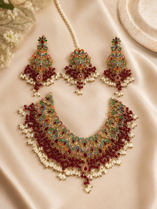 Exquisite Ruby and emerald Necklace Set with Earrings - Gold plated traditional Pakistani /Indian Bridal Jewelry