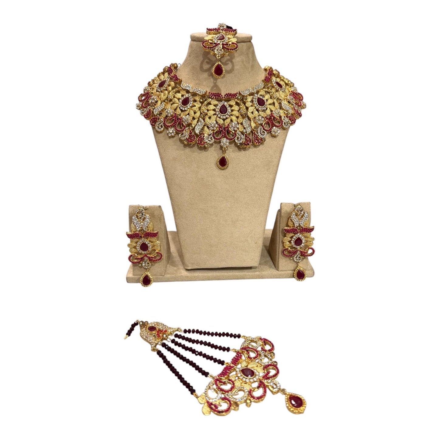 Exquisite maroon bridal Necklace Set with Earrings bindya and jhoomar - Gold plated traditional Pakistani Bridal Jewelry