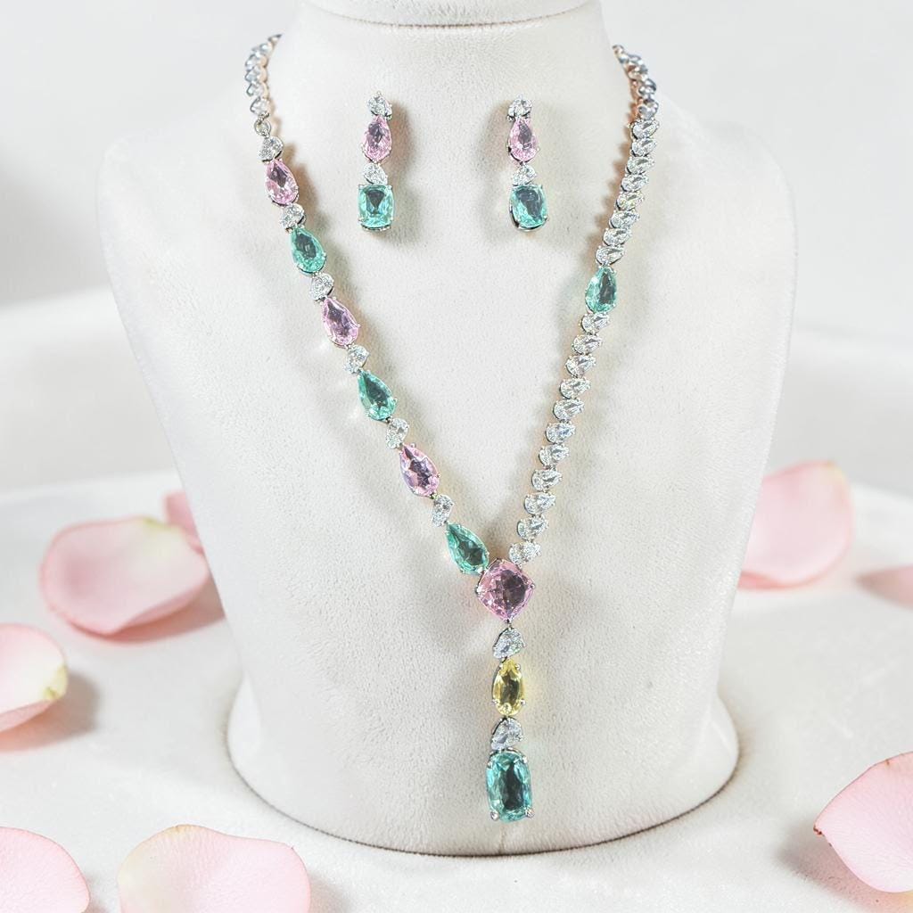 Elegant Statement Y Necklace Set with mint green and blush Pink Stones
