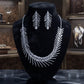Leaf Statement Necklace Set with Rhodium Finish and Cubic Zirconia Drop Earrings