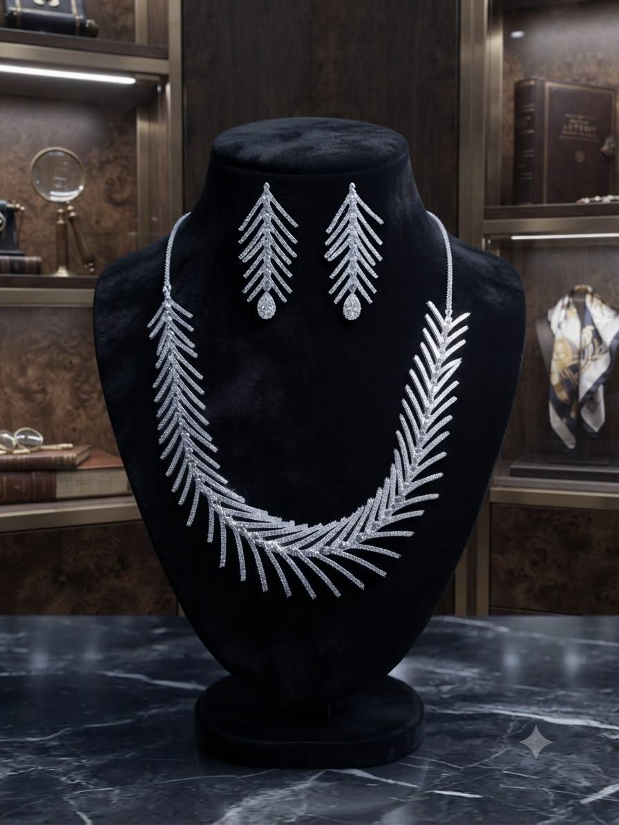 Leaf Statement Necklace Set with Rhodium Finish and Cubic Zirconia Drop Earrings