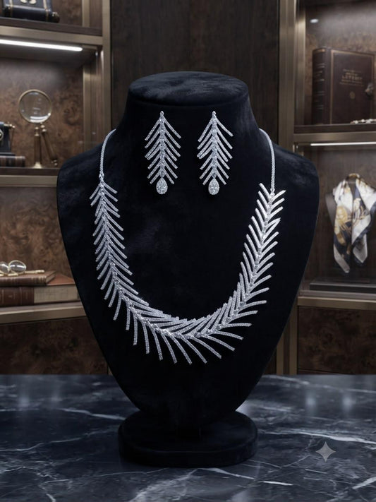 Leaf Statement Necklace Set with Rhodium Finish and Cubic Zirconia Drop Earrings