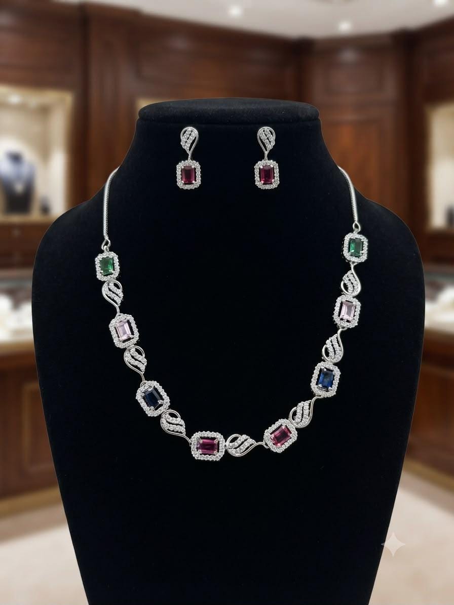 Multicolor Gemstone Necklace Set with Rhodium Finish for Women