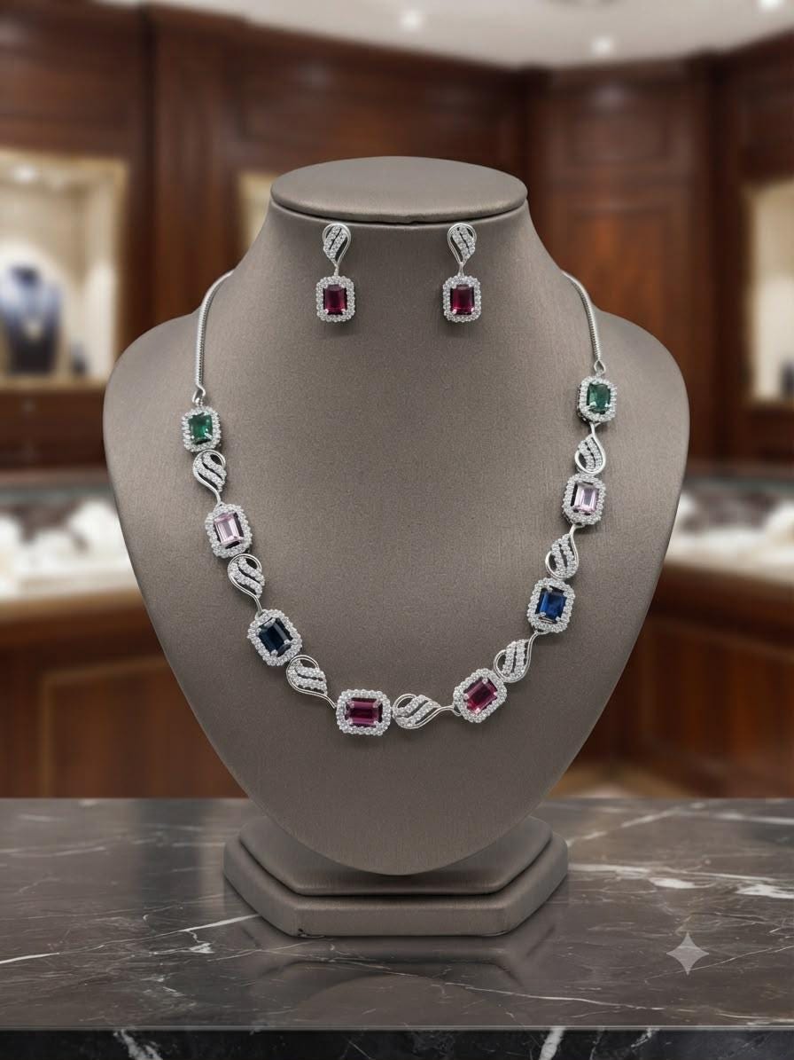 Multicolor Gemstone Necklace Set with Rhodium Finish for Women