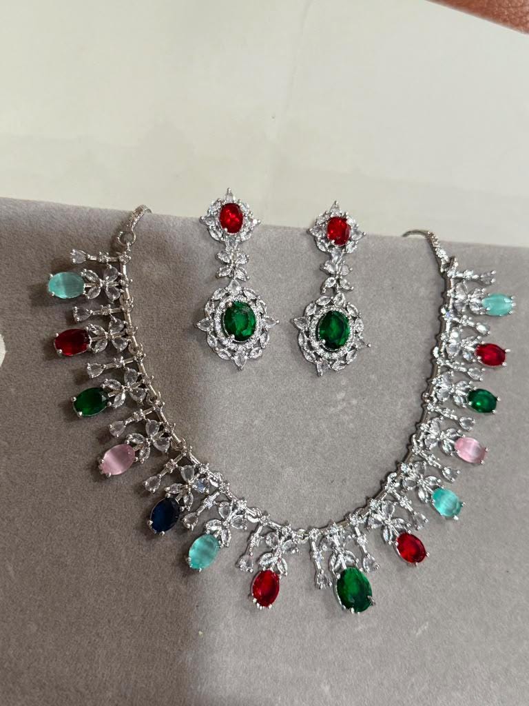 Art Deco Necklace Set with Emerald Sapphire and Ruby Pink Stones