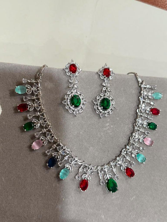 Art Deco Necklace Set with Emerald Sapphire and Ruby Pink Stones
