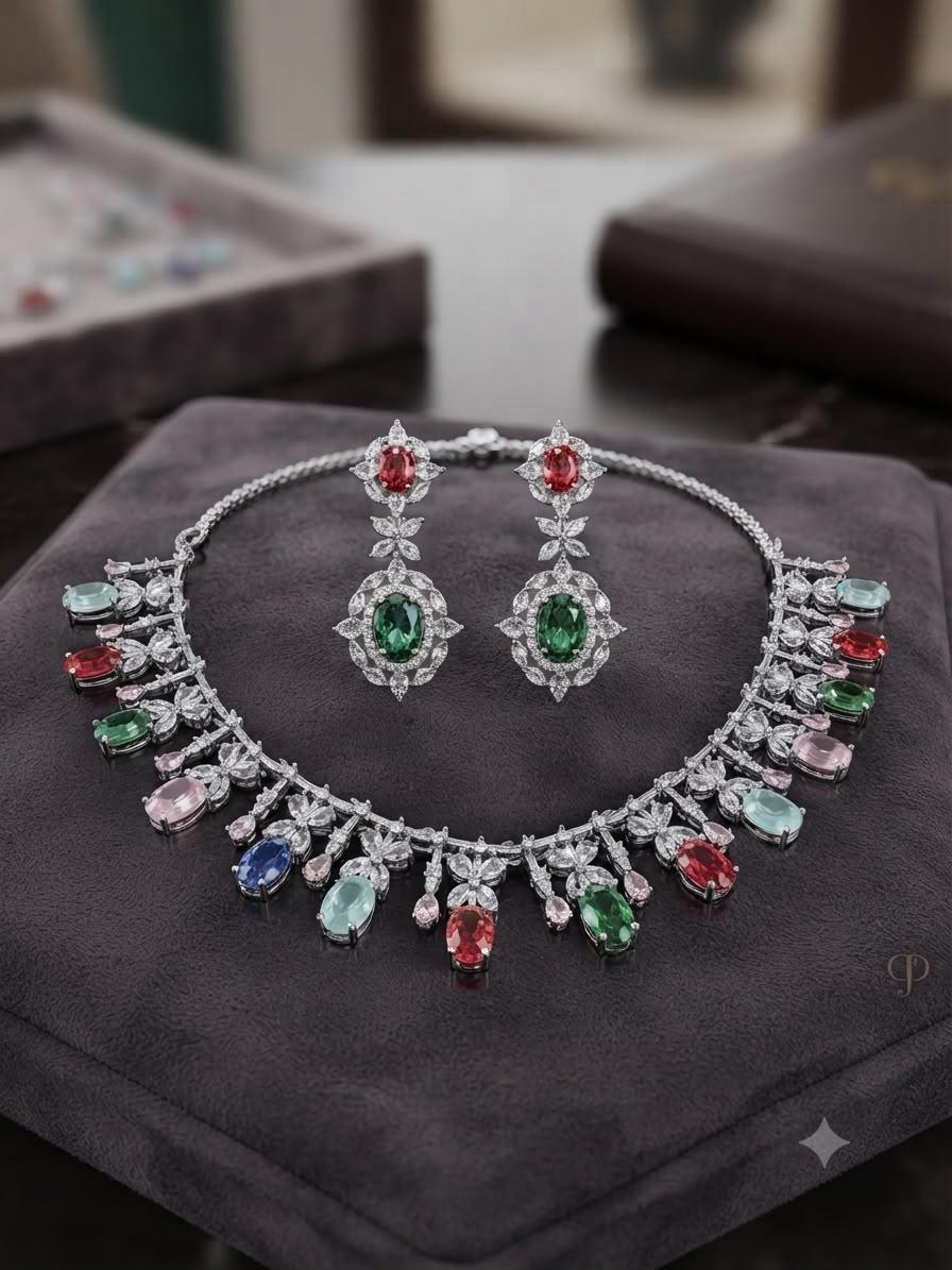 Art Deco Necklace Set with Emerald Sapphire and Ruby Pink Stones