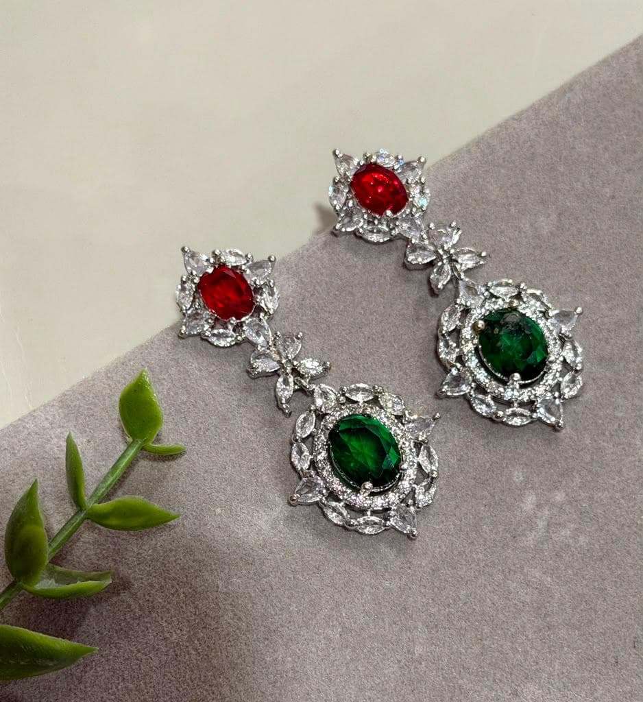 Art Deco Necklace Set with Emerald Sapphire and Ruby Pink Stones
