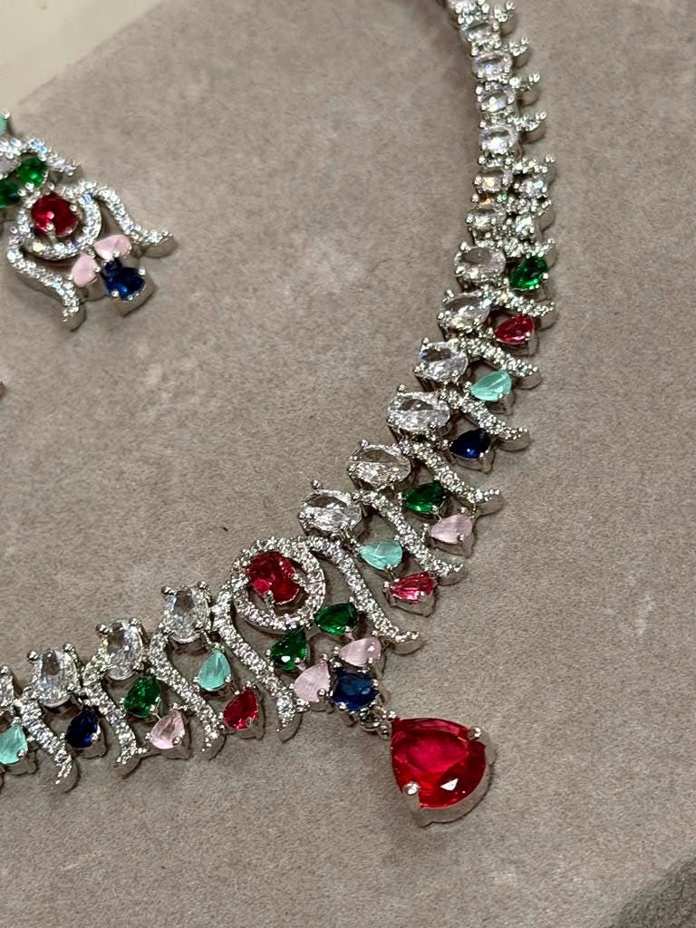 Ruby Pink Teardrop Necklace Set with Emerald and Sapphire CZ Accents