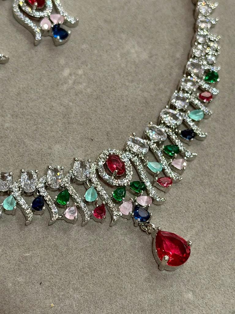 Ruby Pink Teardrop Necklace Set with Emerald and Sapphire CZ Accents