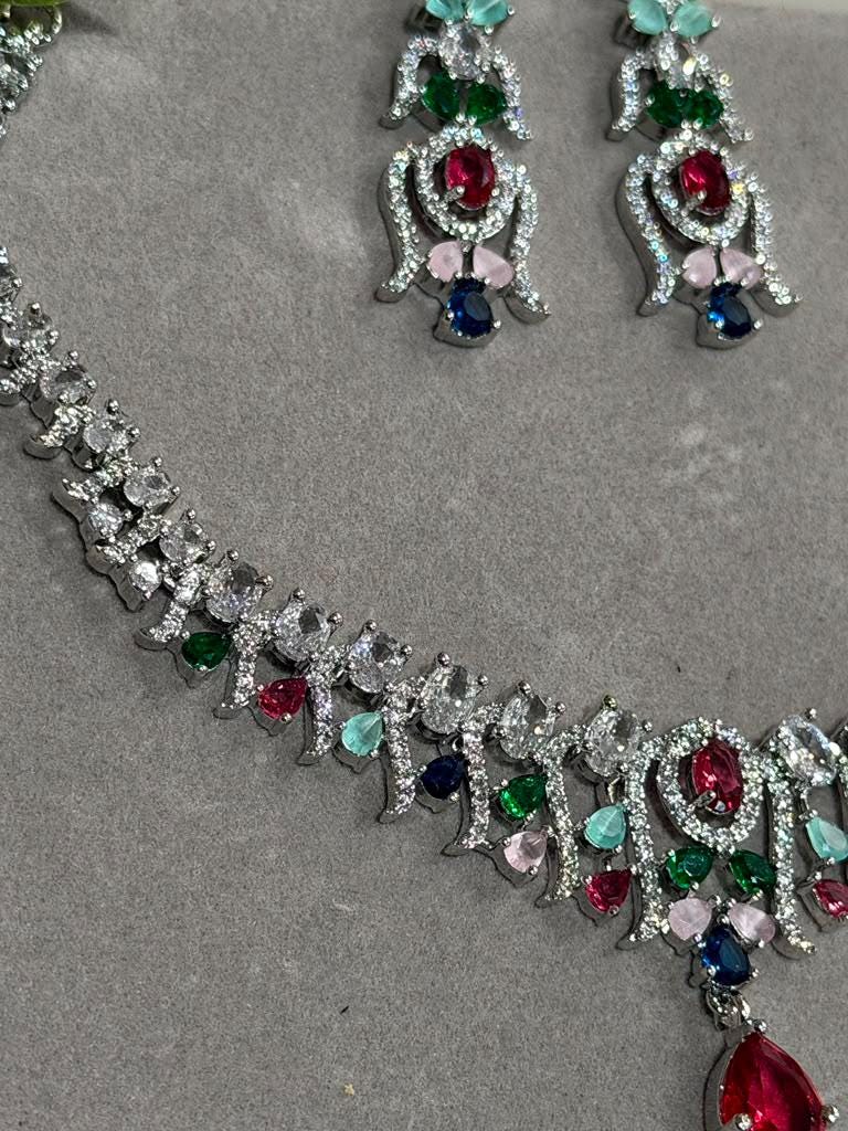 Ruby Pink Teardrop Necklace Set with Emerald and Sapphire CZ Accents