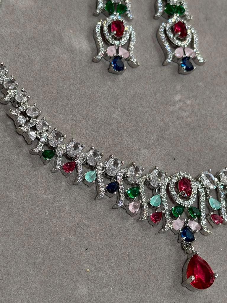 Ruby Pink Teardrop Necklace Set with Emerald and Sapphire CZ Accents