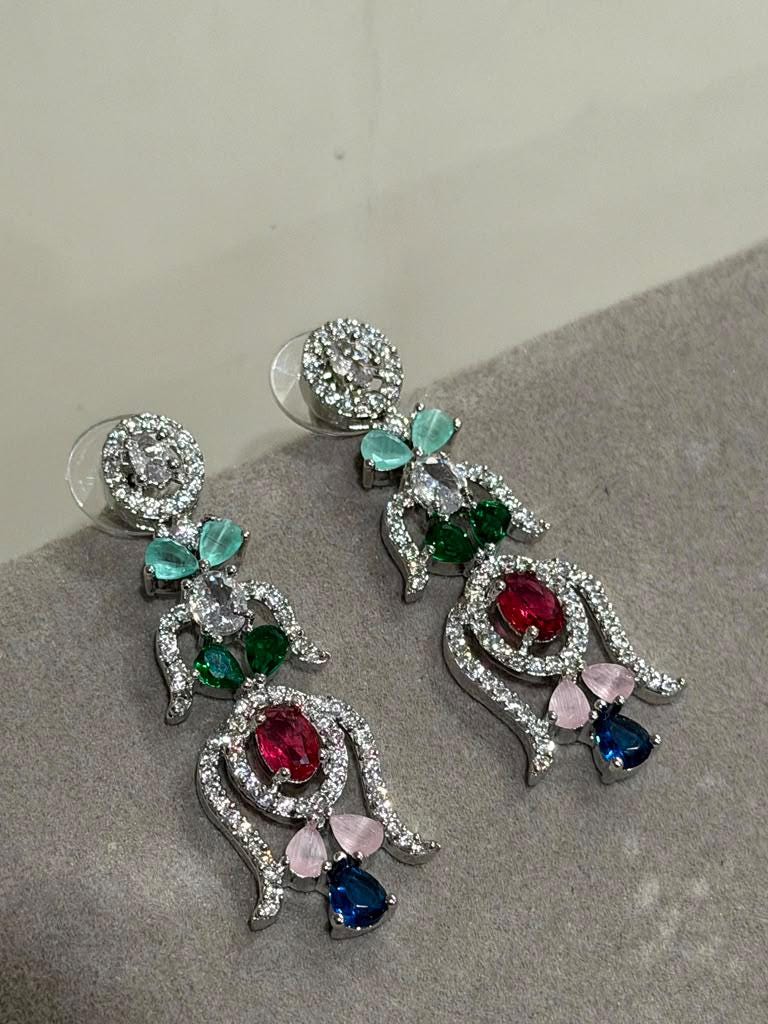 Ruby Pink Teardrop Necklace Set with Emerald and Sapphire CZ Accents