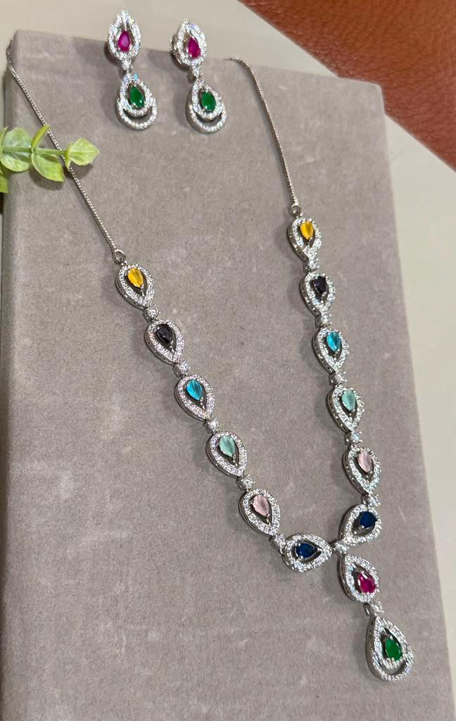 Multicolor Teardrop Necklace Set with Emerald Ruby Pink and Sapphire CZ