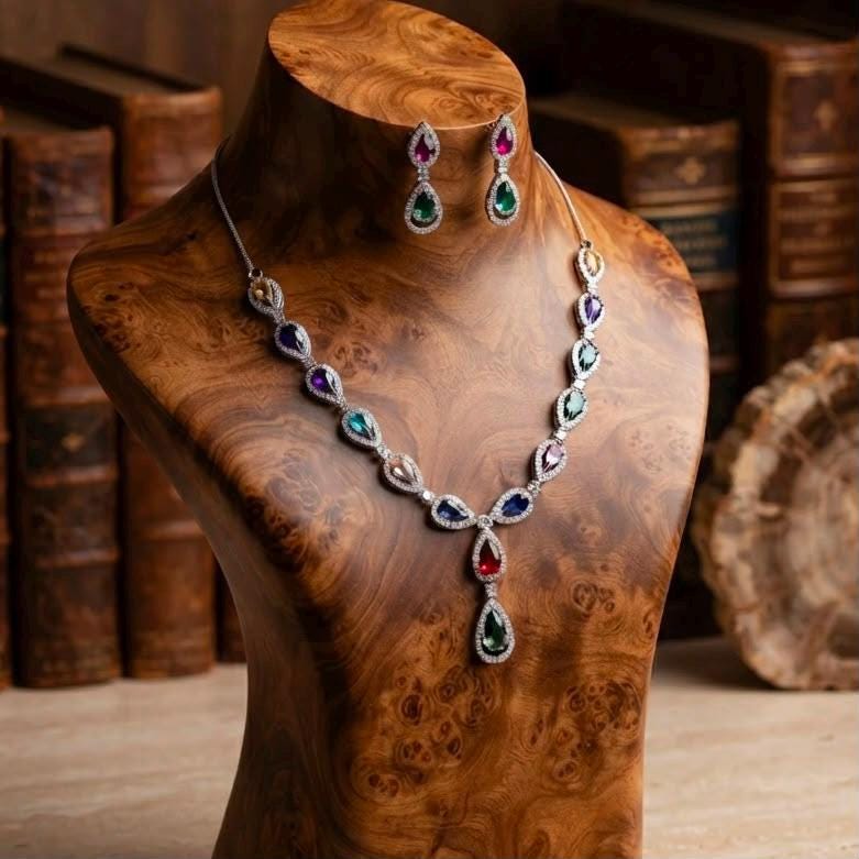 Multicolor Teardrop Necklace Set with Emerald Ruby Pink and Sapphire CZ