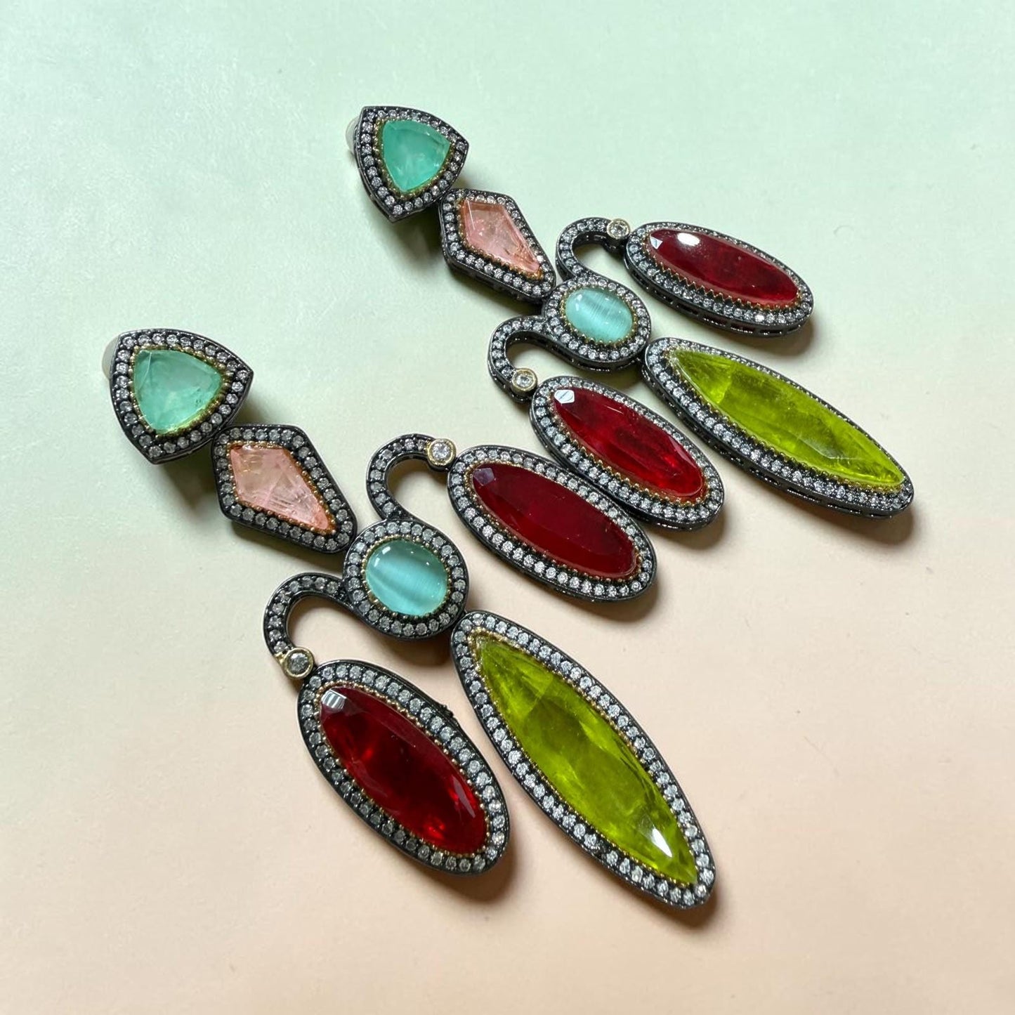 Art Deco Statement Earrings with Emerald Ruby Pink and Sapphire CZ