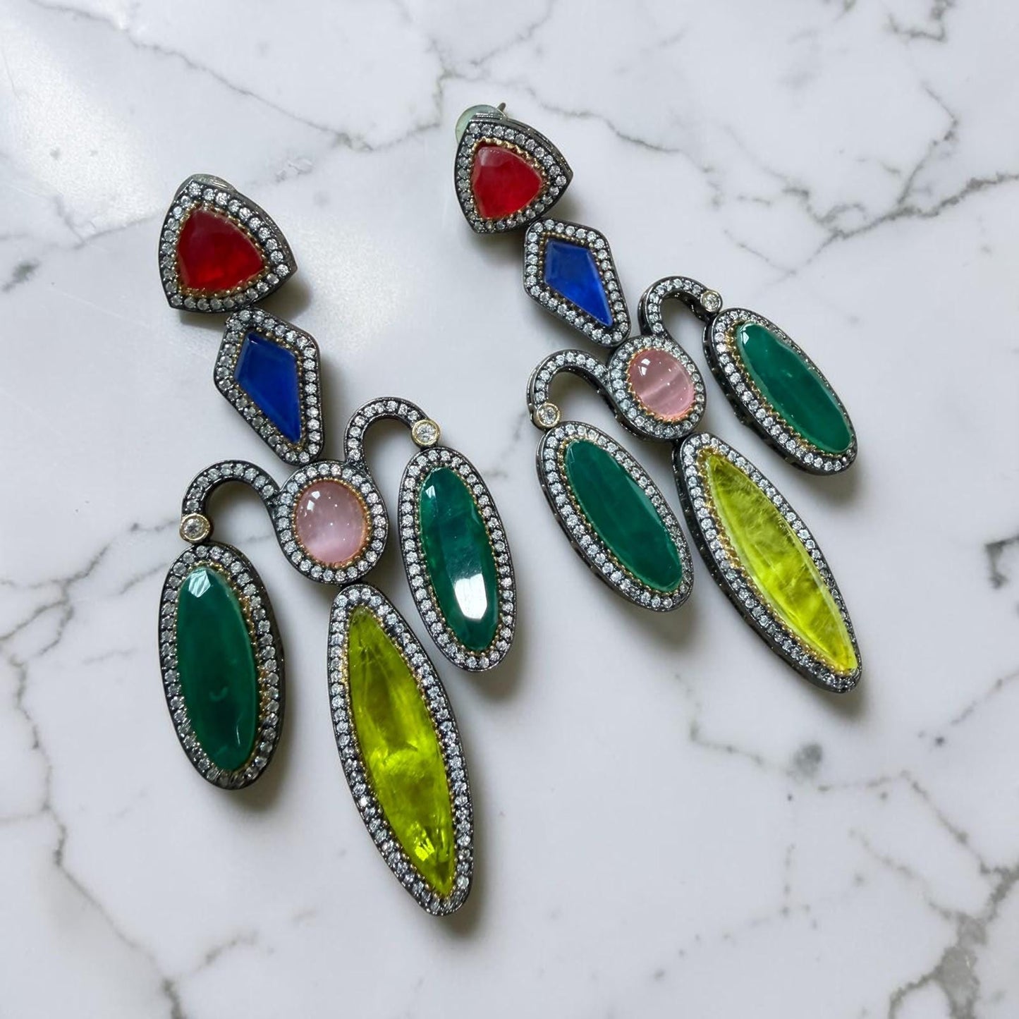 Art Deco Statement Earrings with Emerald Ruby Pink and Sapphire CZ