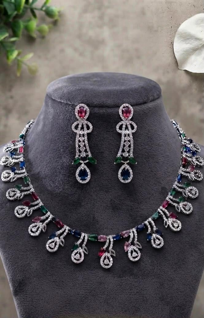 Colorful Gemstone Choker/Necklace Set with Rhodium Finish