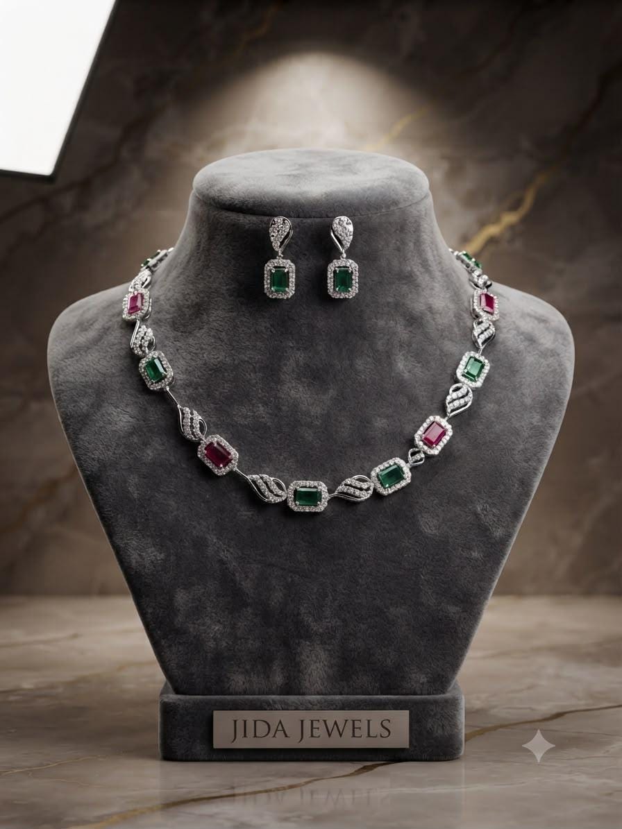 Luxury Emerald Ruby Pink Necklace Set for Weddings and Evening Wear
