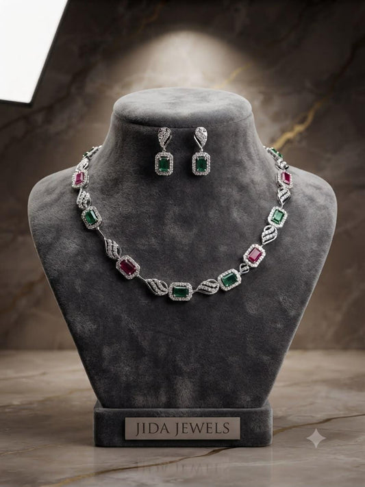 Luxury Emerald Ruby Pink Necklace Set for Weddings and Evening Wear