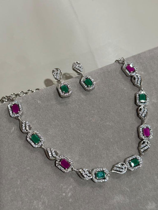 Luxury Emerald Ruby Pink Necklace Set for Weddings and Evening Wear