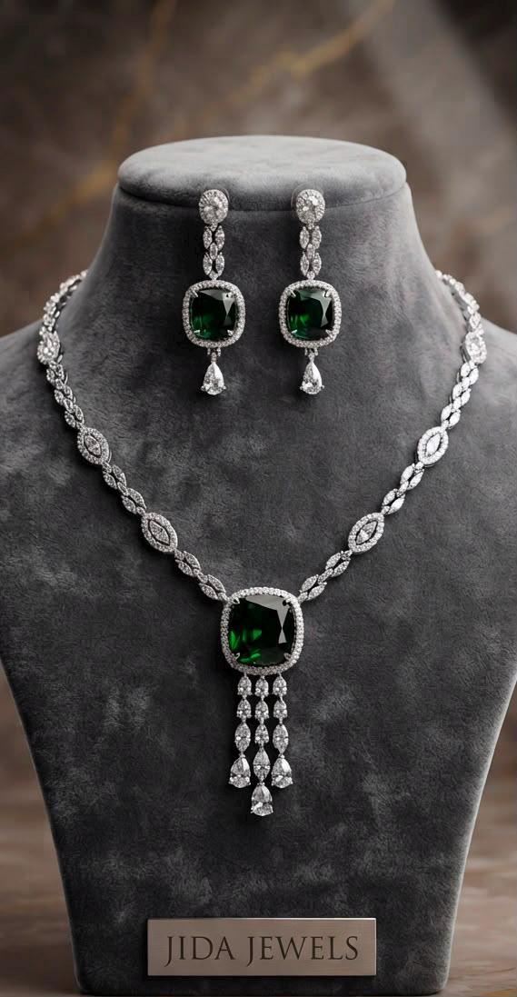 Elegant Emerald Necklace Set with Cascading Pendant and CZ Drop Earrings