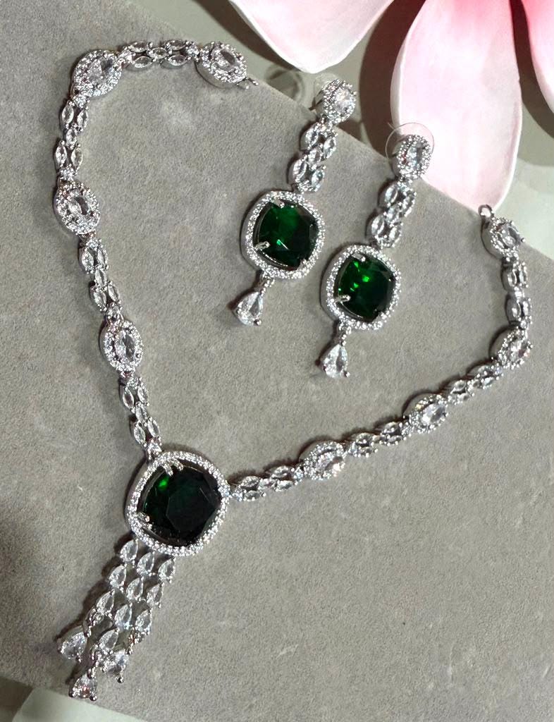 Elegant Emerald Necklace Set with Cascading Pendant and CZ Drop Earrings