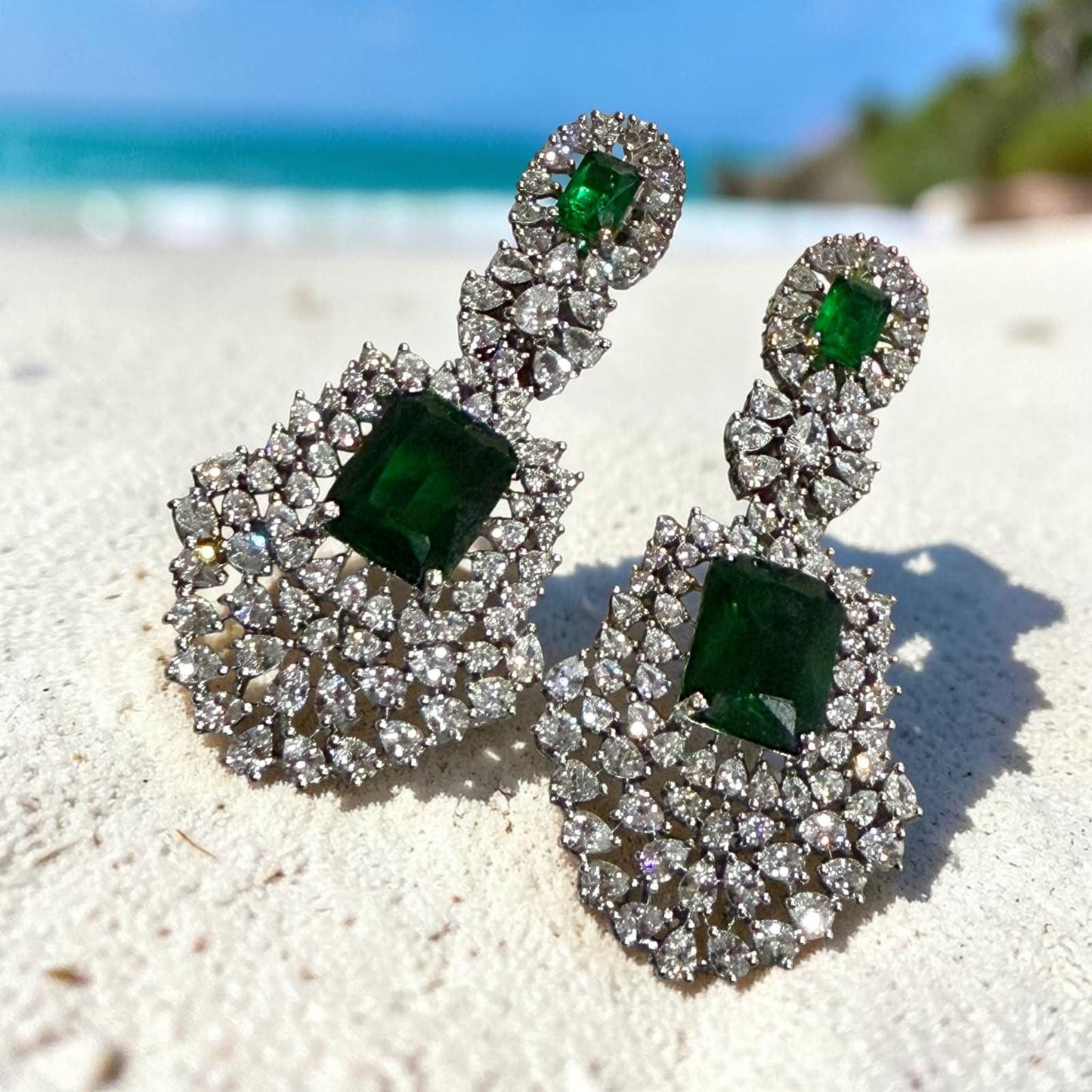 Luxury Emerald Earrings with Art Deco Cubic Zirconia Detailing
