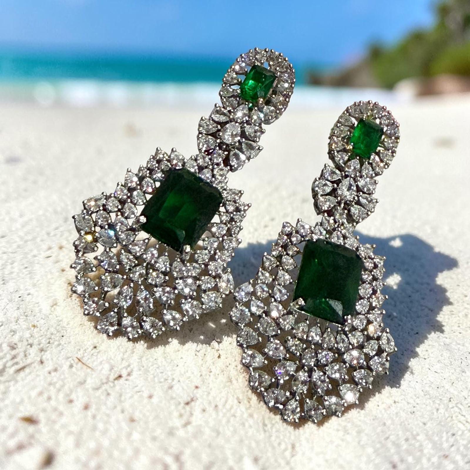 Luxury Emerald Earrings with Art Deco Cubic Zirconia Detailing
