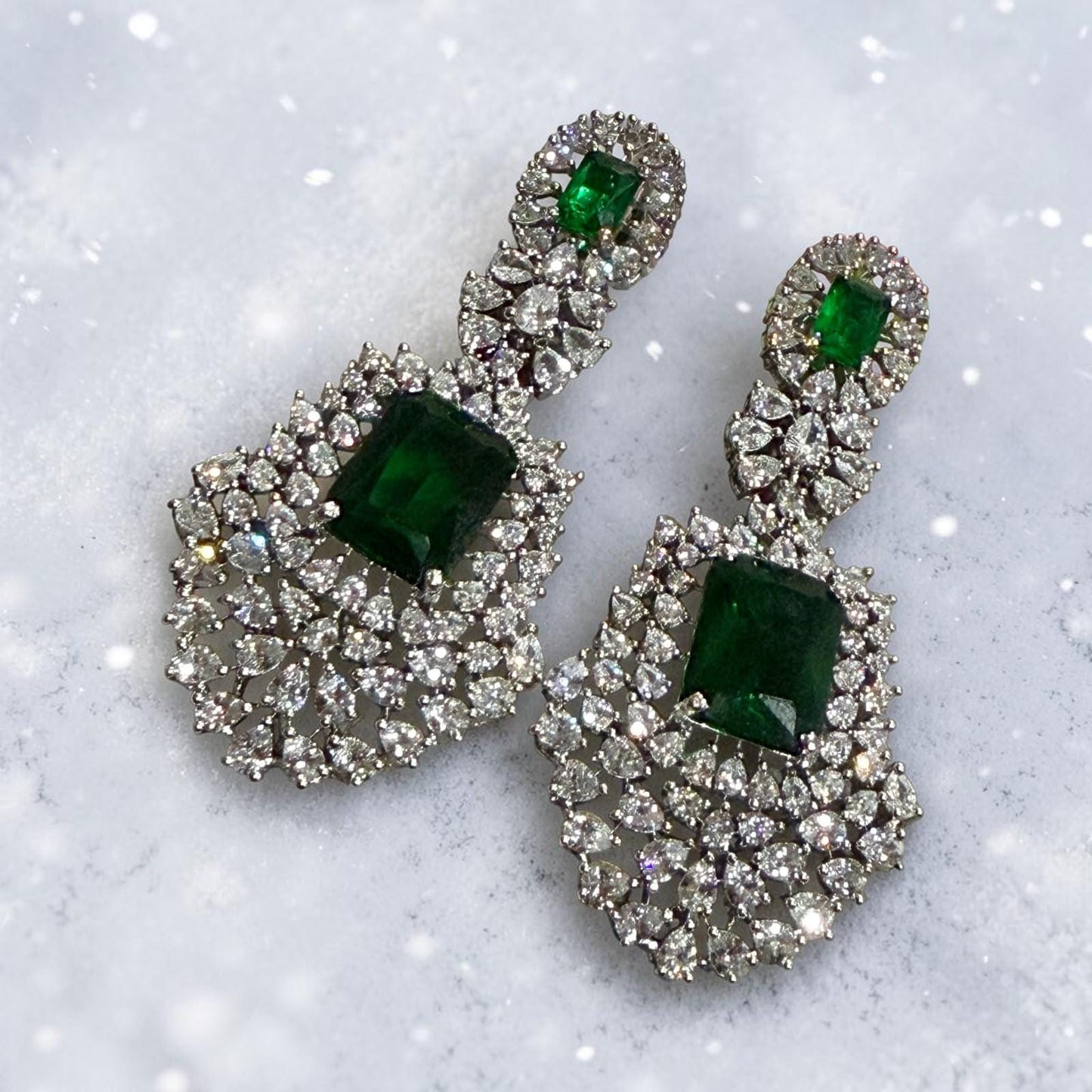 Luxury Emerald Earrings with Art Deco Cubic Zirconia Detailing