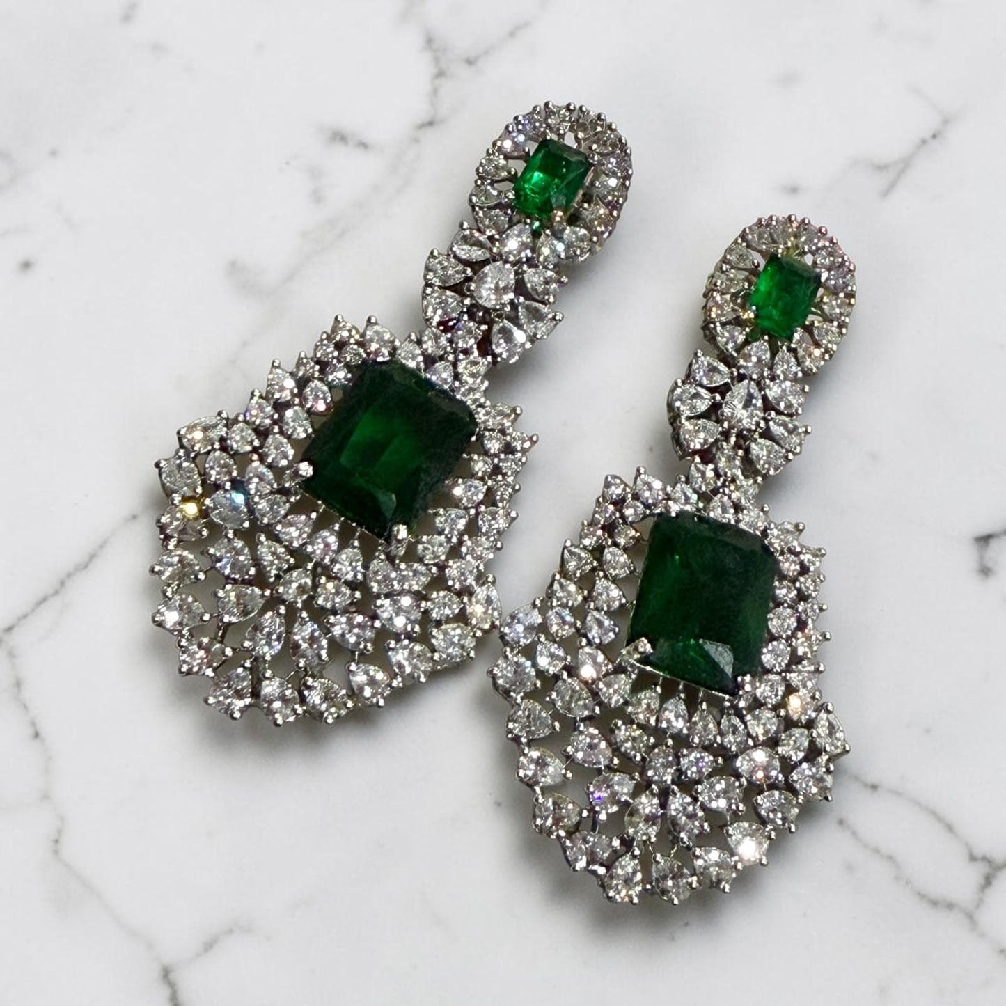 Luxury Emerald Earrings with Art Deco Cubic Zirconia Detailing