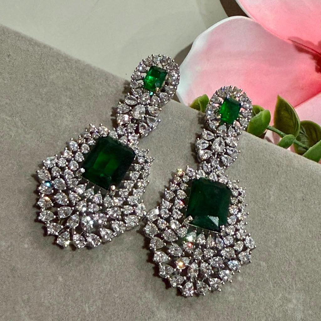 Luxury Emerald Earrings with Art Deco Cubic Zirconia Detailing