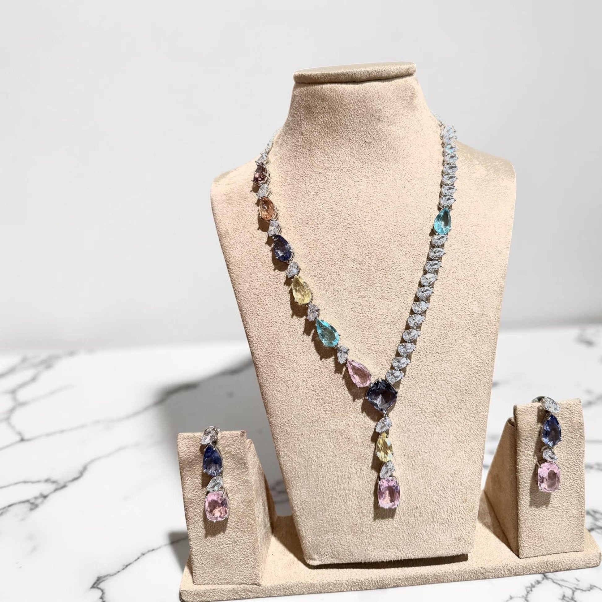 Elegant Statement Y Necklace Set with mint green and blush Pink Stones