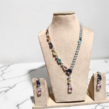 Elegant Statement Y Necklace Set with mint green and blush Pink Stones