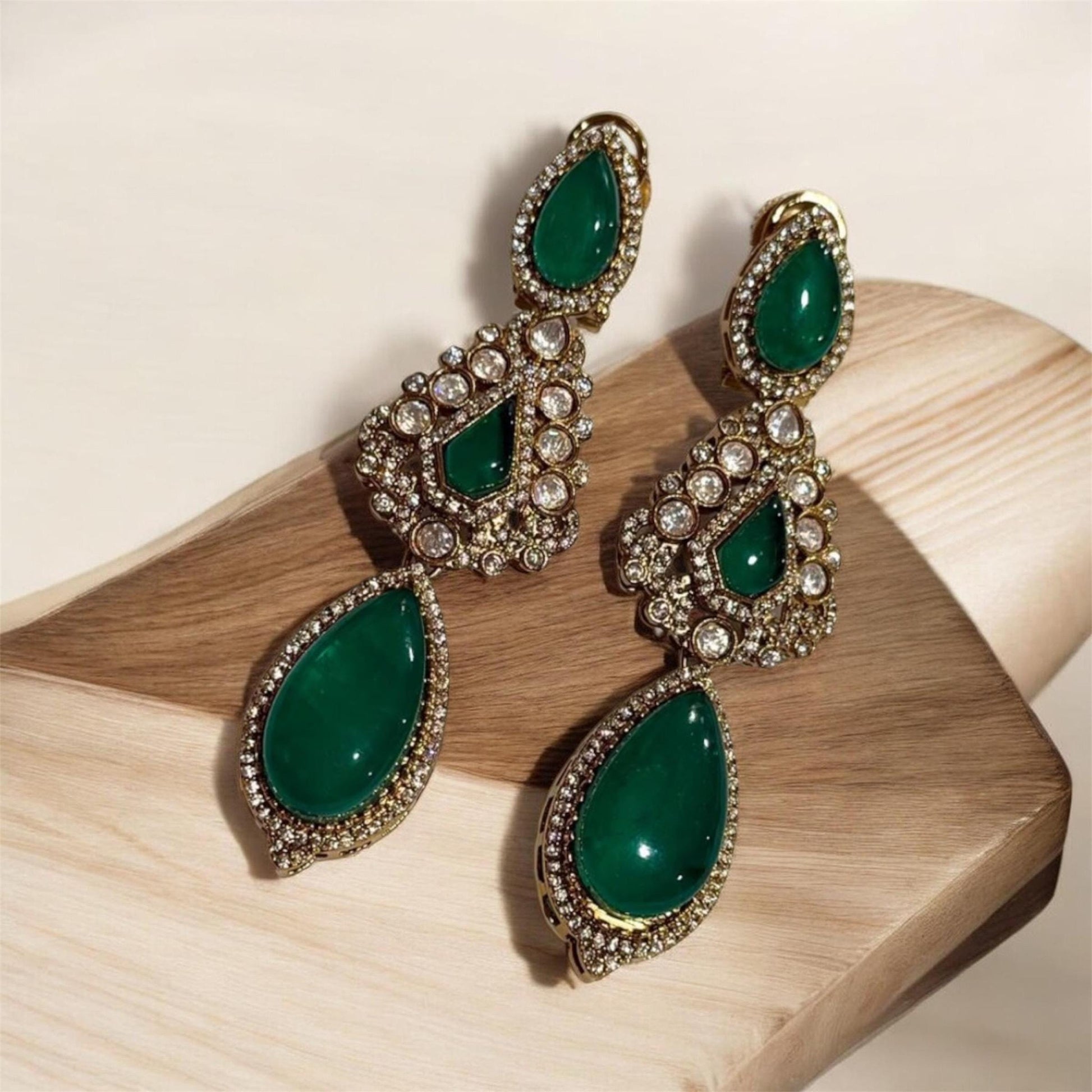Classic Gold Plated Drop Earrings with Vibrant Emerald Teardrop Detail