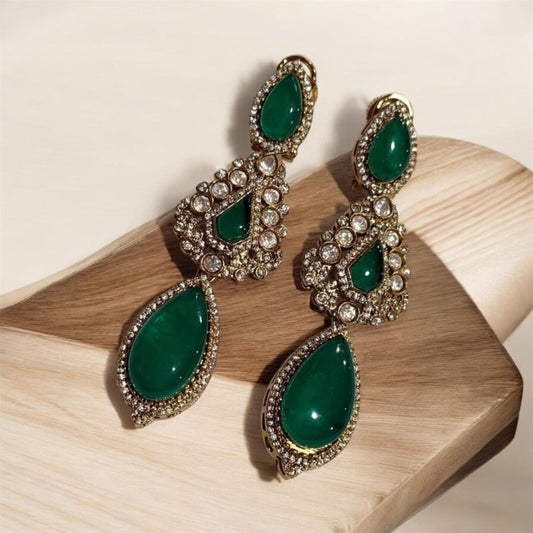 Classic Gold Plated Drop Earrings with Vibrant Emerald Teardrop Detail