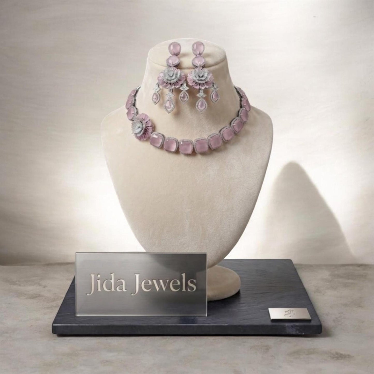 Elegant blush Pink Floral Necklace Set with Matching Drop Earrings for Wedding Wear