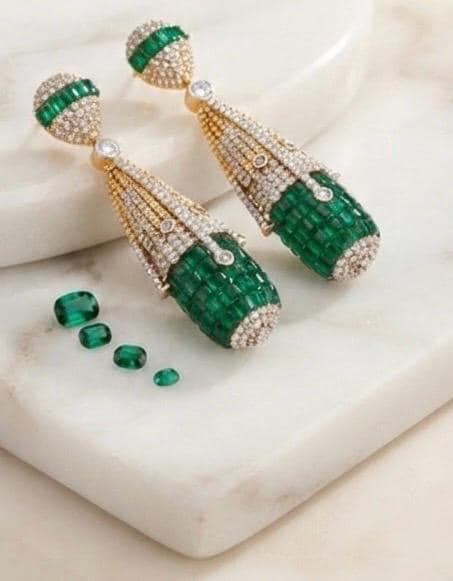 Emerald green Drop Earrings with Gold Plated Luxury Statement Design